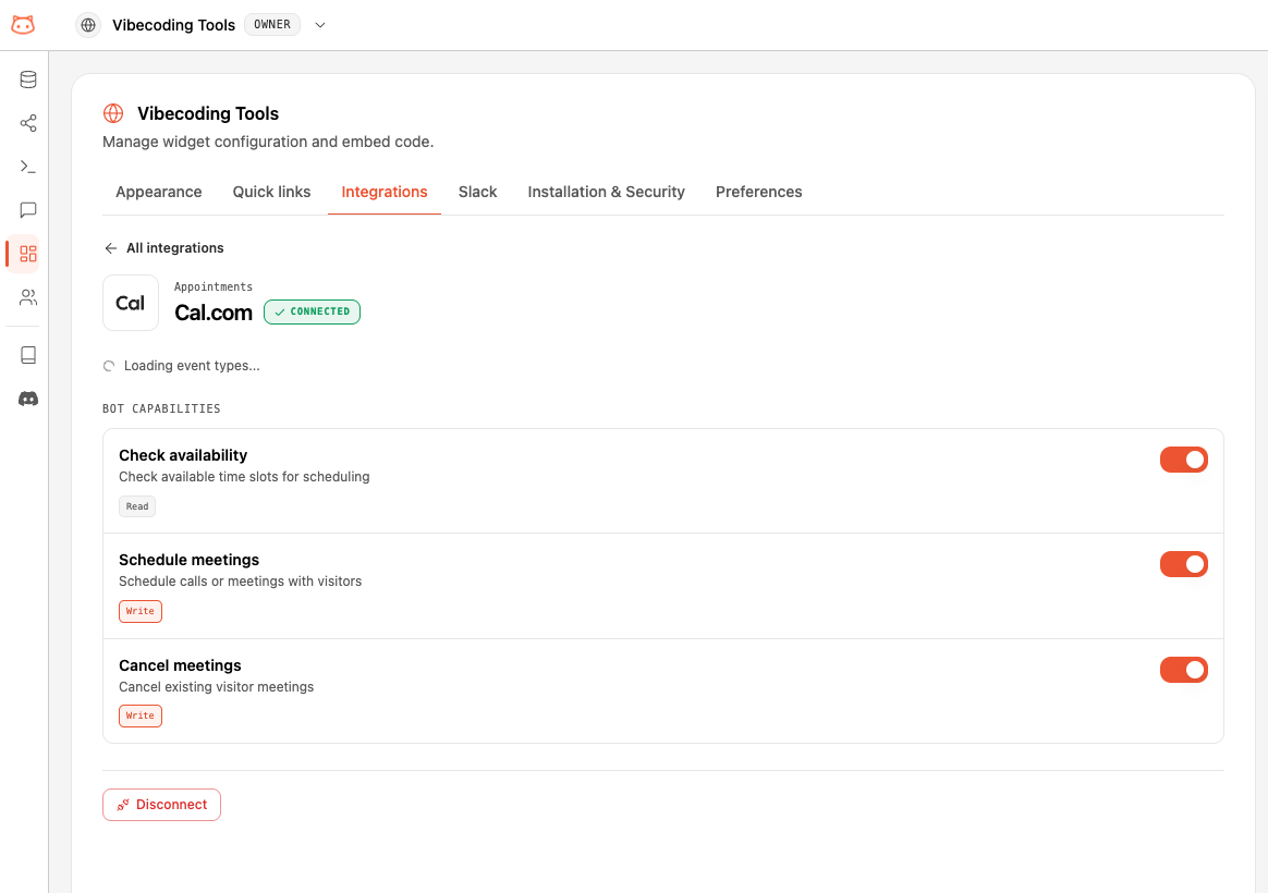 Connected Cal.com panel showing the selected event type and capability toggles