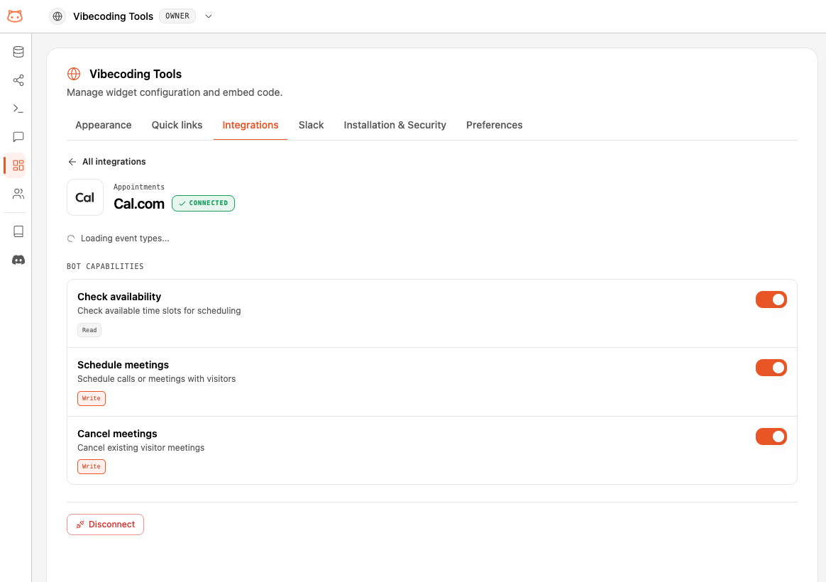 Connected Cal.com panel showing the selected event type and capability toggles