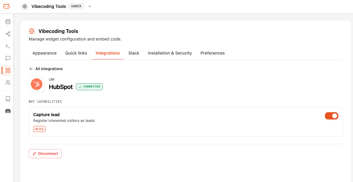 Connected HubSpot panel showing the Capture lead toggle