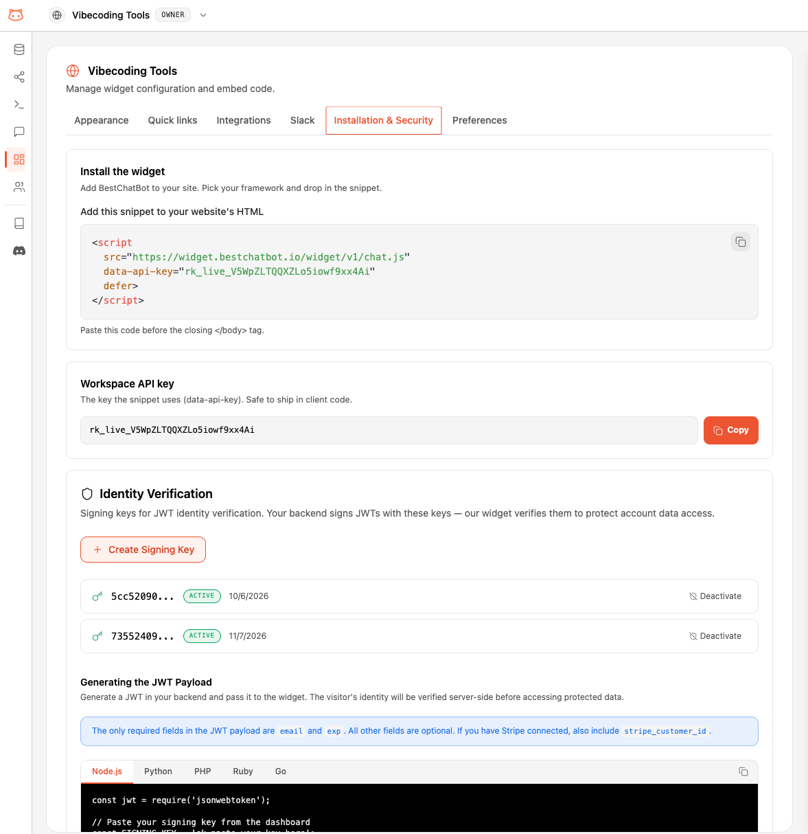 BestChatBot Security tab showing Create Signing Key and the JWT payload requirements