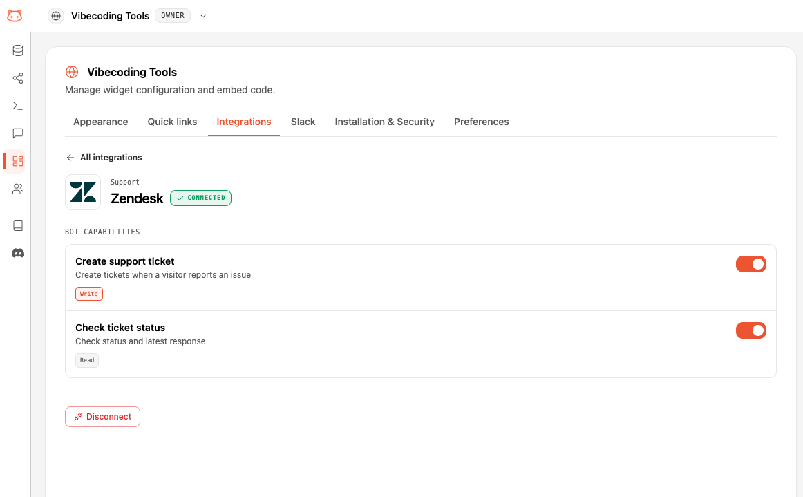 Connected Zendesk panel showing the Create support ticket and Check ticket status toggles