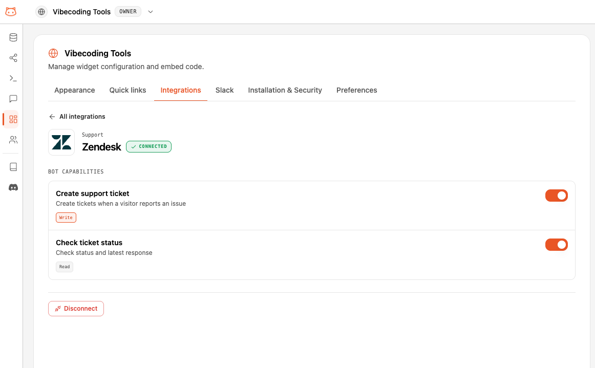 Connected Zendesk panel showing the Create support ticket and Check ticket status toggles