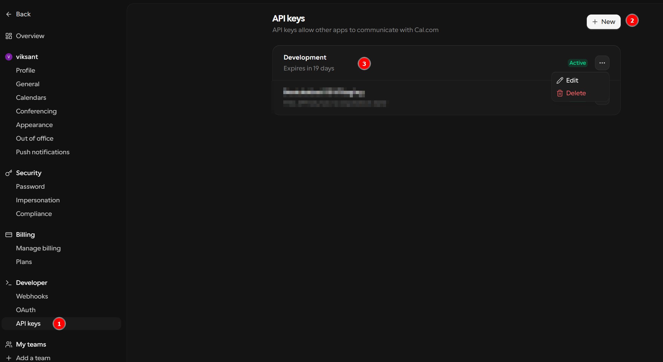 Cal.com Settings Developer API keys page with the New button