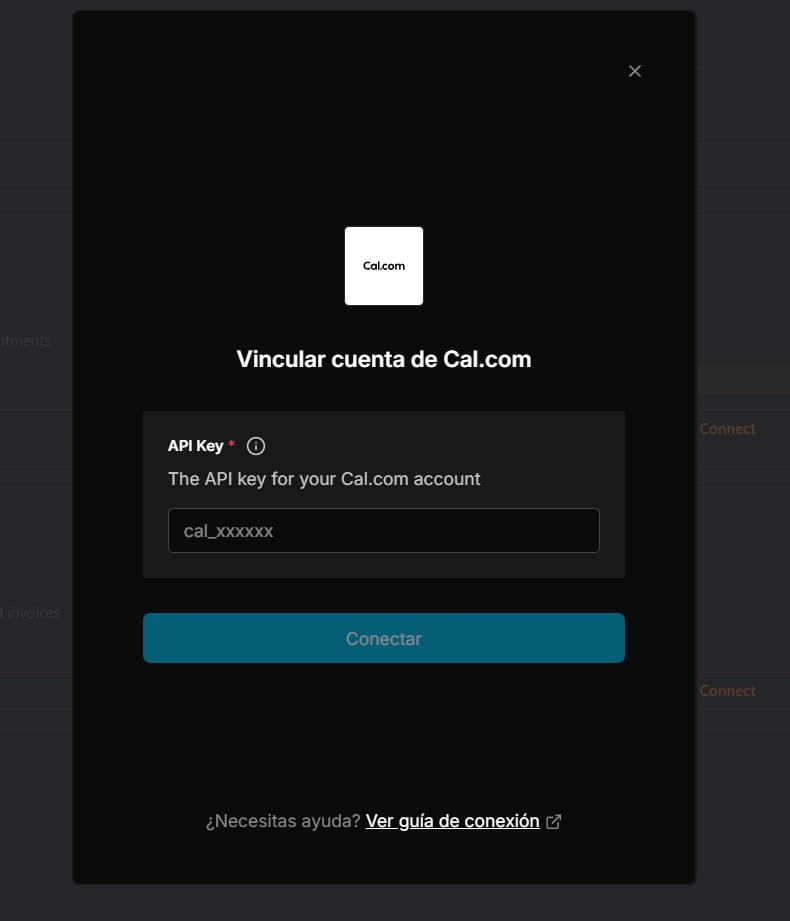 BestChatBot Cal.com connection popup with the API Key field