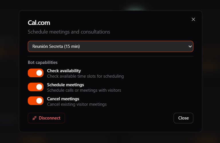 Connected Cal.com panel showing the selected event type and capability toggles