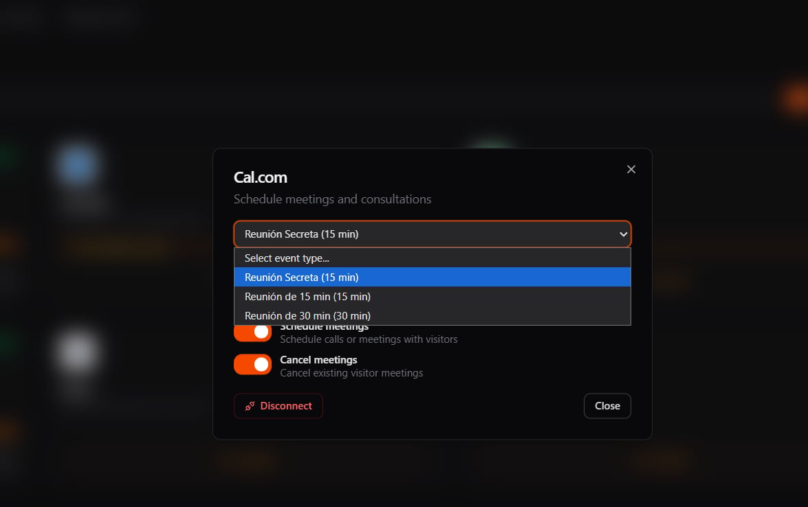 Selecting a Cal.com event type from the dropdown in the integration panel