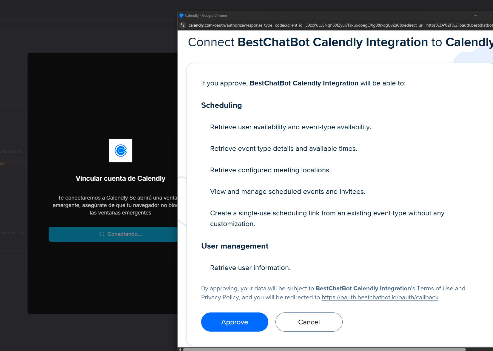 Calendly OAuth authorization screen granting BestChatBot scheduling access