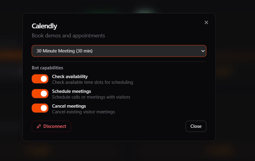 Connected Calendly panel showing the selected event type and capability toggles
