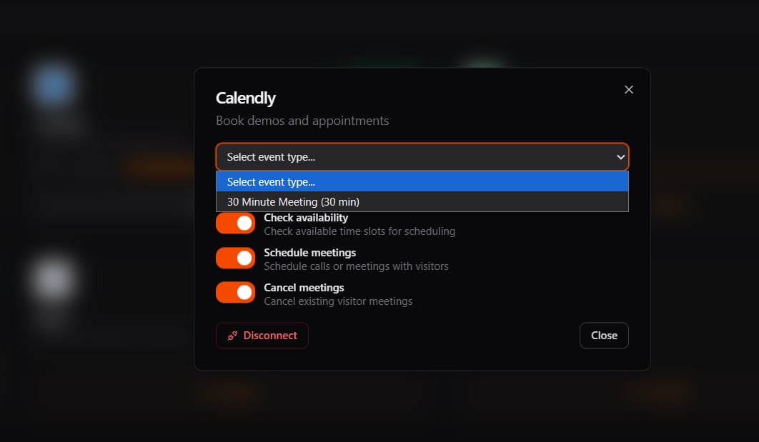 Selecting a Calendly event type from the dropdown in the integration panel