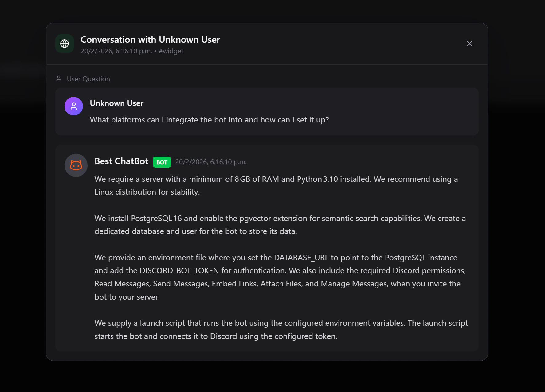 Detailed view of a widget conversation showing question and full bot response