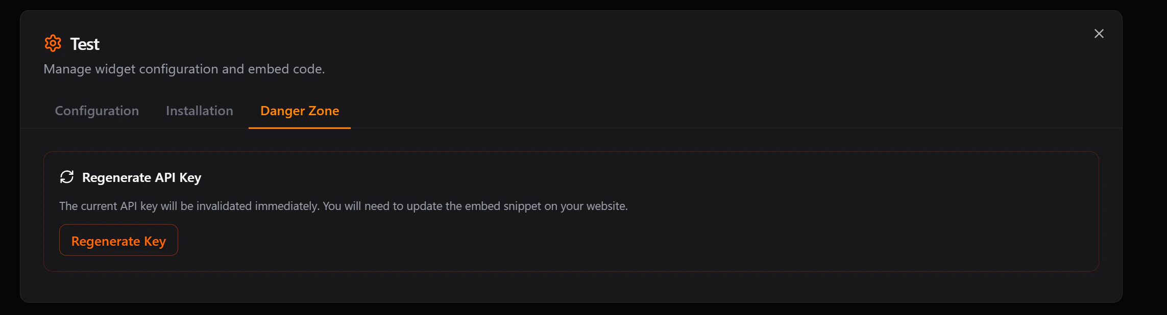 Danger Zone tab showing Regenerate API Key option