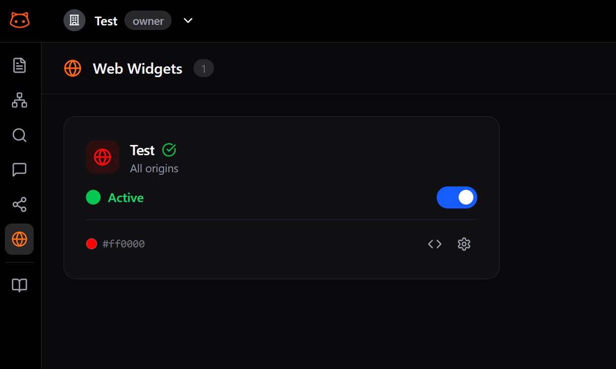 Widget Manager showing a widget card with status, color, and action buttons