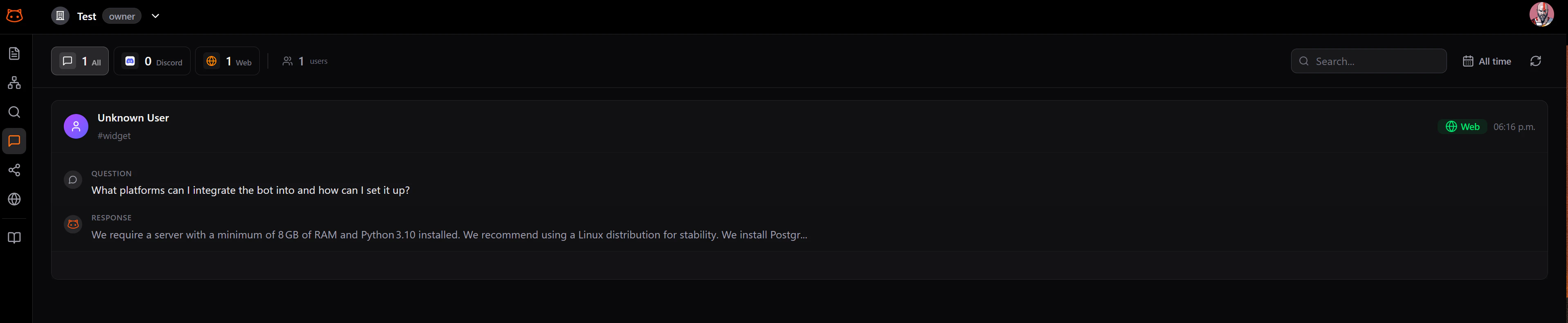 Bot Responses page filtered to show Web widget conversations