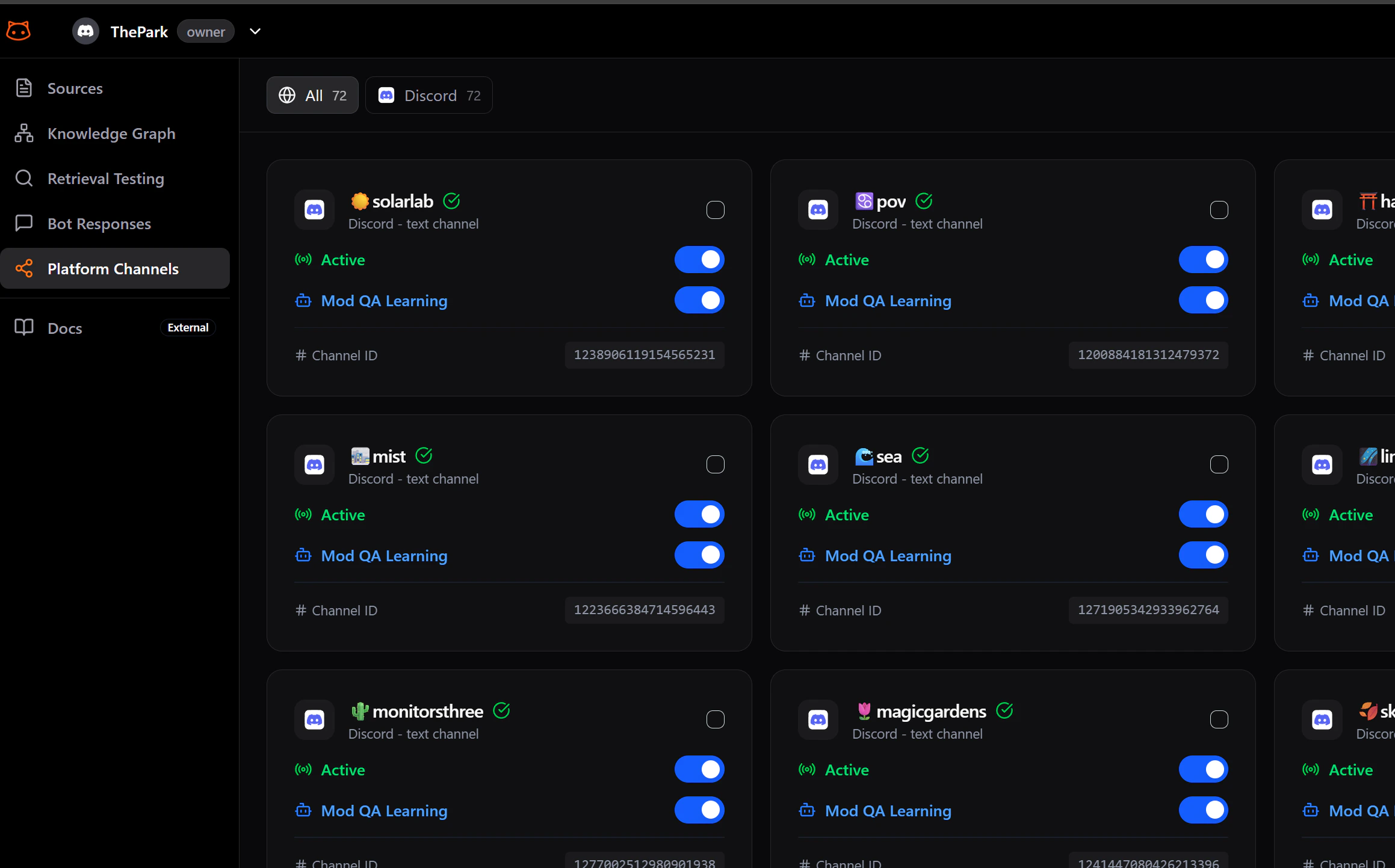 Platform Channels page showing Discord text channels with Active and Mod QA Learning toggles