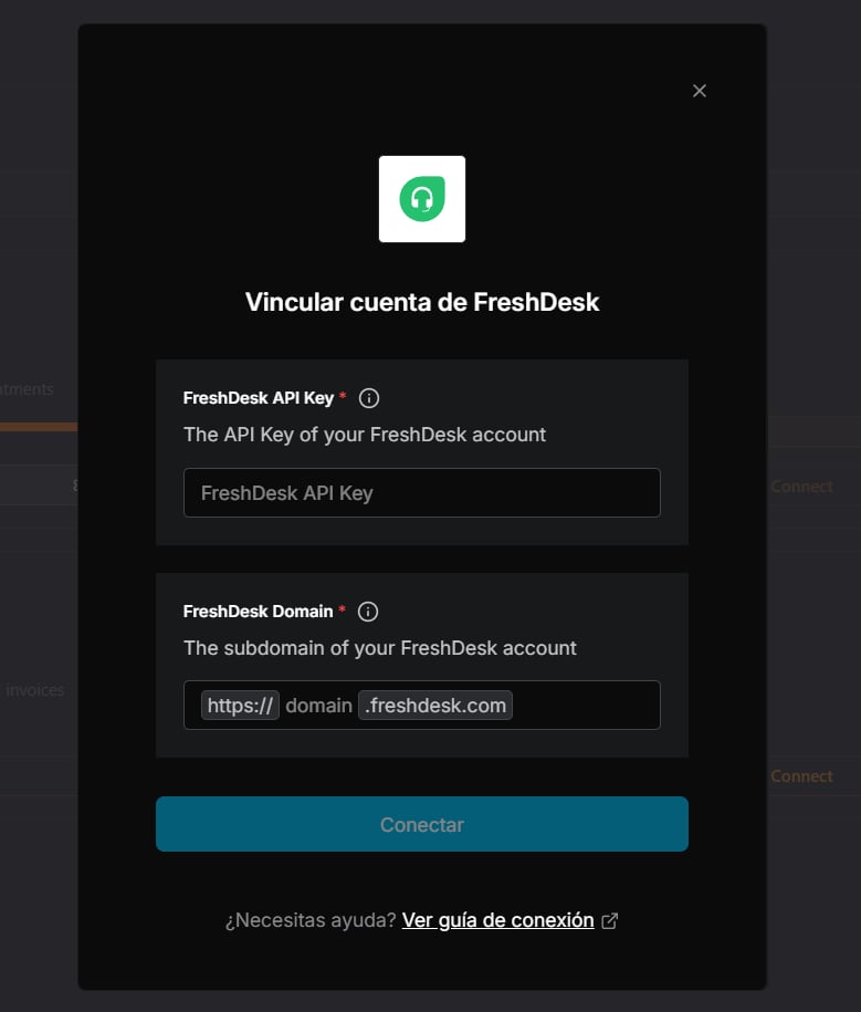 BestChatBot Freshdesk connection popup with the API Key and Domain fields