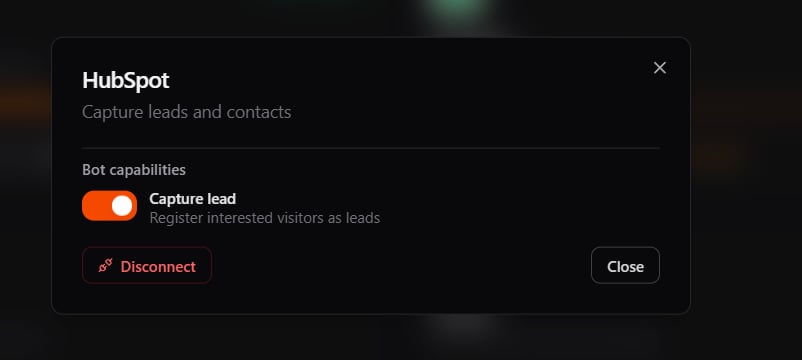 Connected HubSpot panel showing the Capture lead toggle
