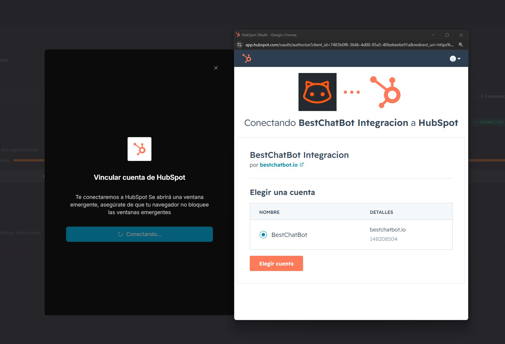 HubSpot OAuth screen choosing which account to connect to BestChatBot