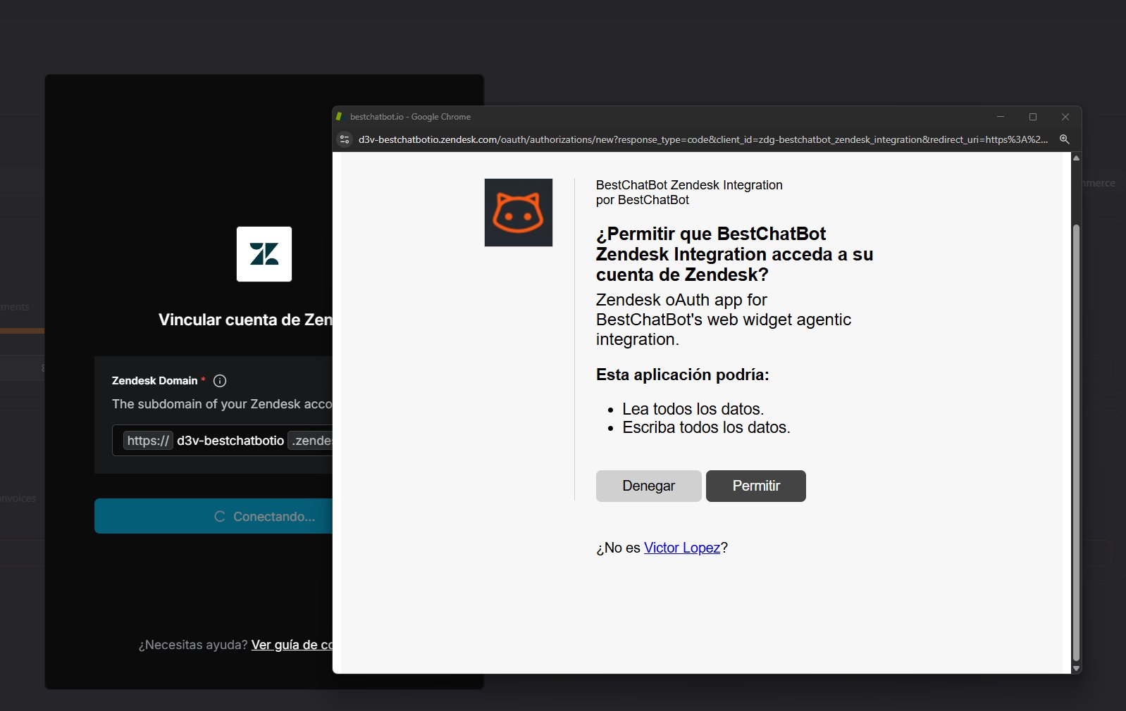 Zendesk OAuth screen asking to allow BestChatBot to access the account