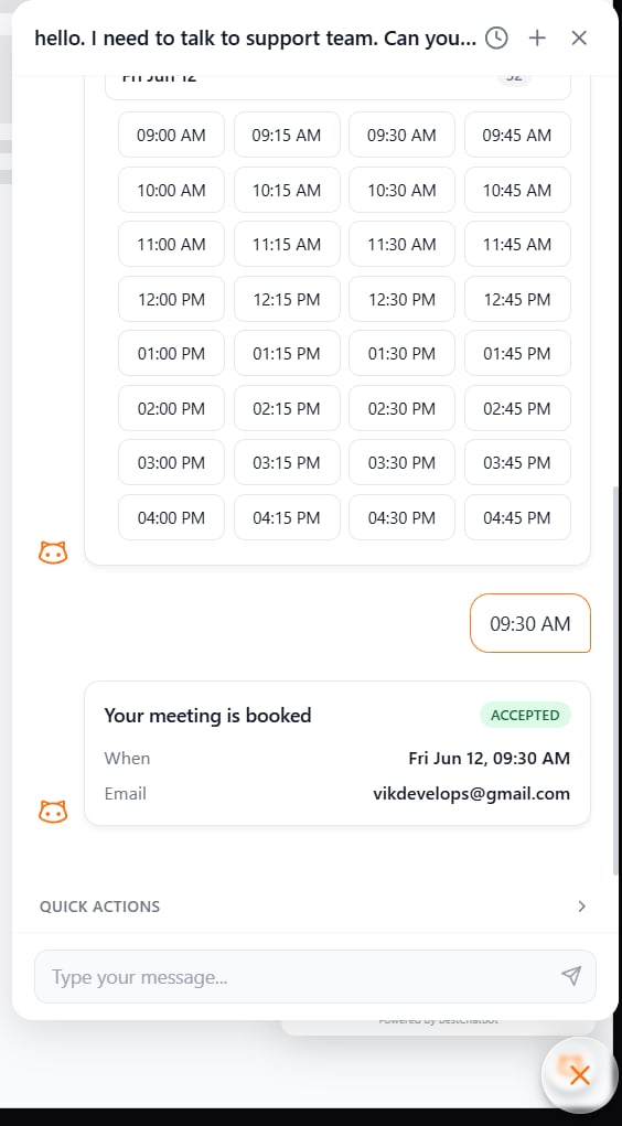 Chat widget confirming a booked meeting after the visitor clicked the action