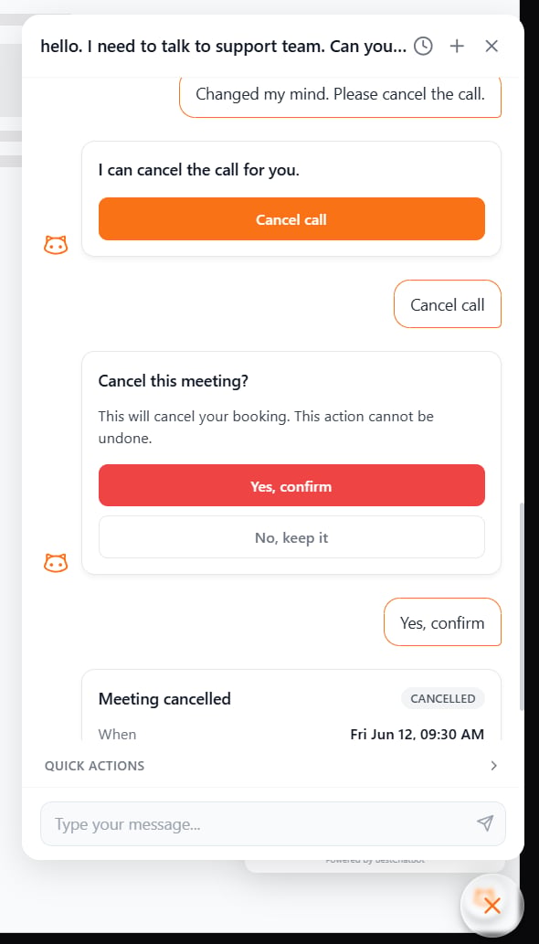 Chat widget showing a visitor cancelling a meeting they booked earlier