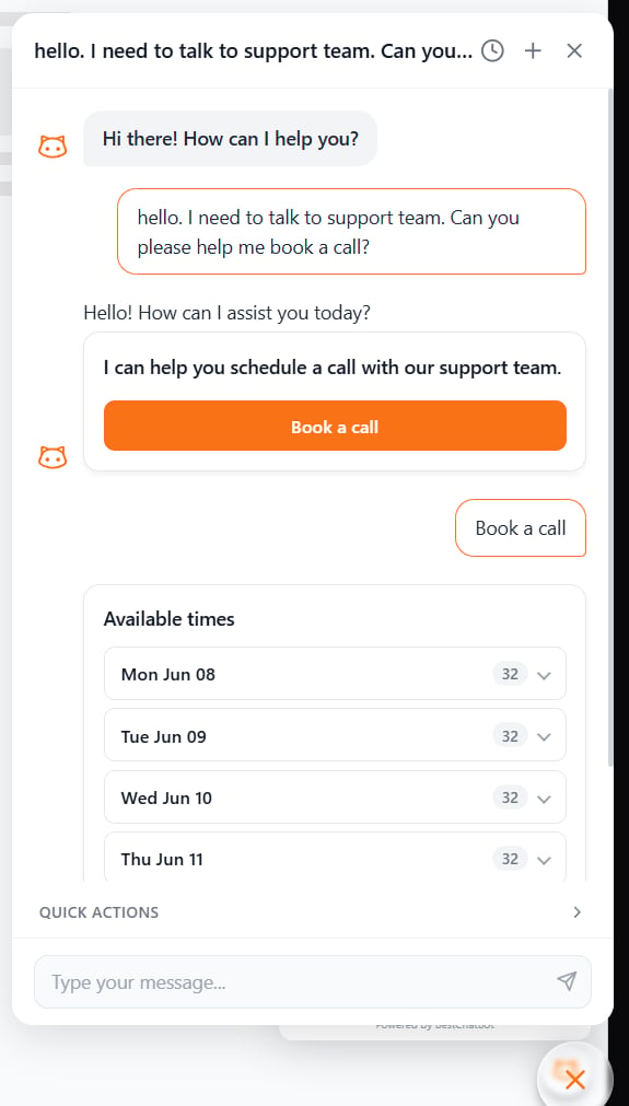 Chat widget showing a Book a Call action button offered by the bot