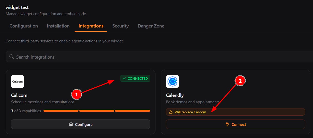 Warning shown when connecting a second integration in the same category replaces the active one