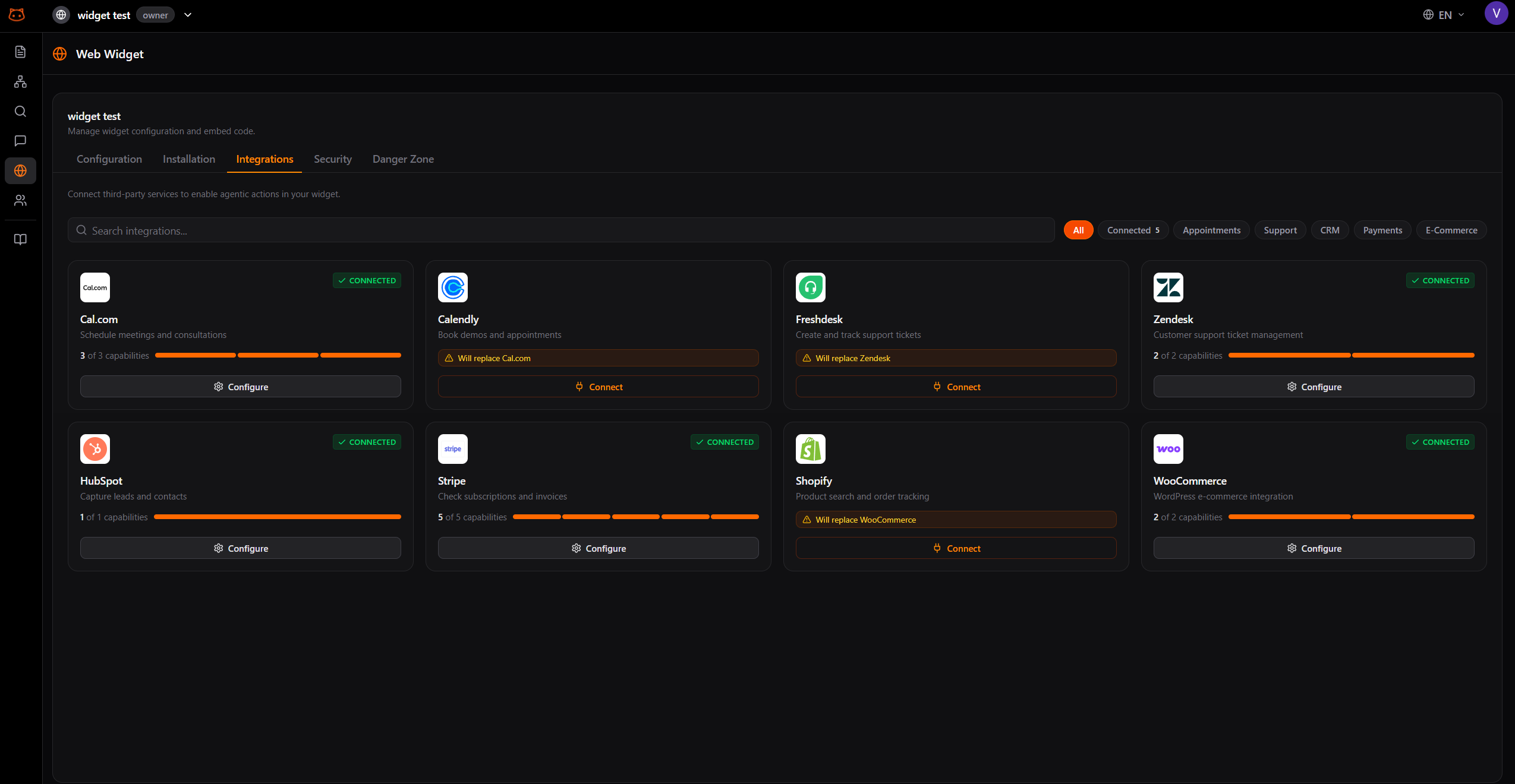 Integrations page showing the catalog of available tools and their connection status