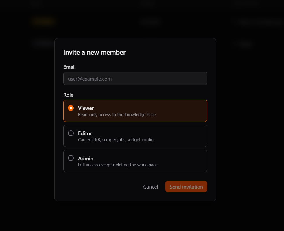Invite member modal with an email field and a role selector