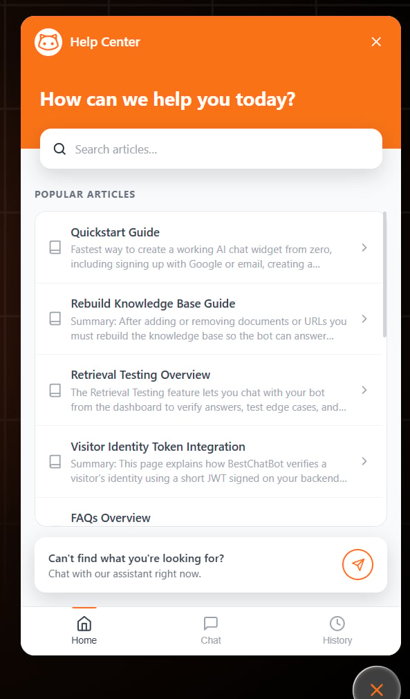 The widget Help Center home screen showing Popular Articles built from Help Links