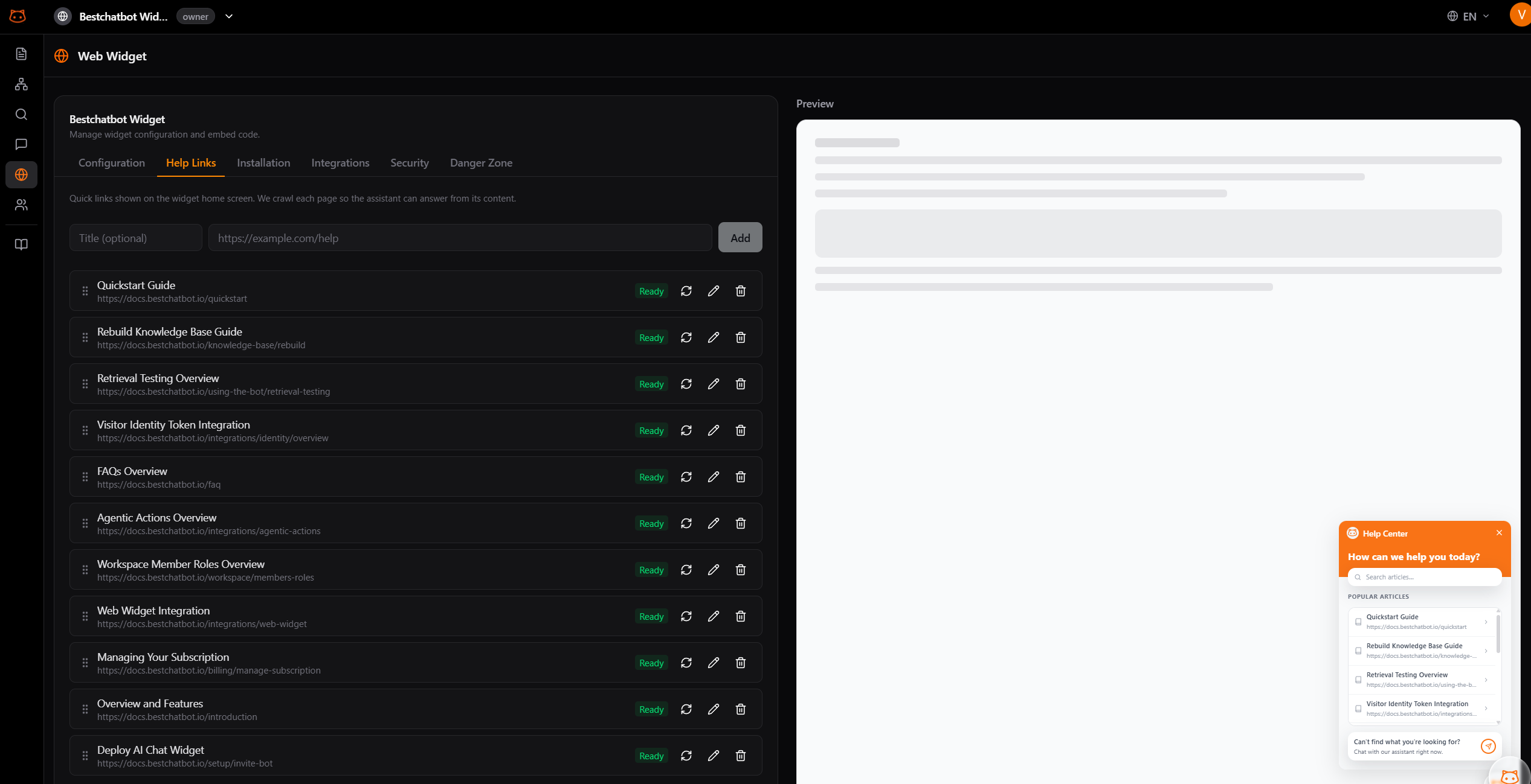 Help Links tab in the Web Widget settings, listing links with a Ready status