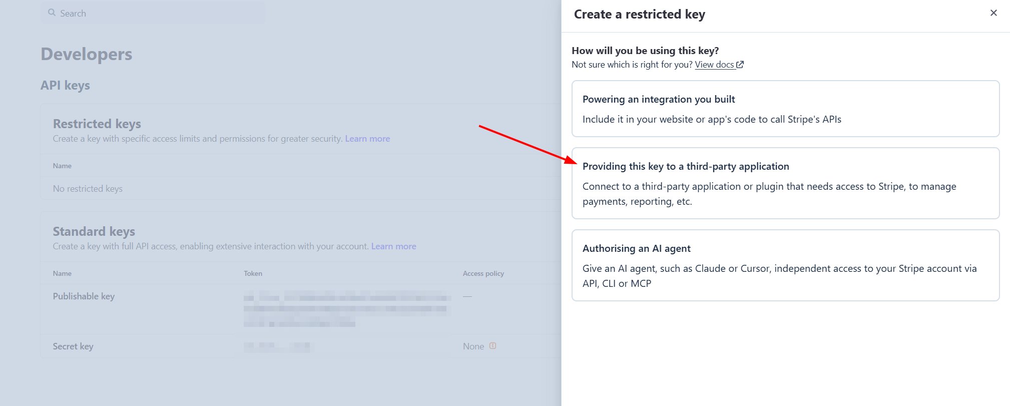 Stripe asking how the key will be used, with third-party application selected