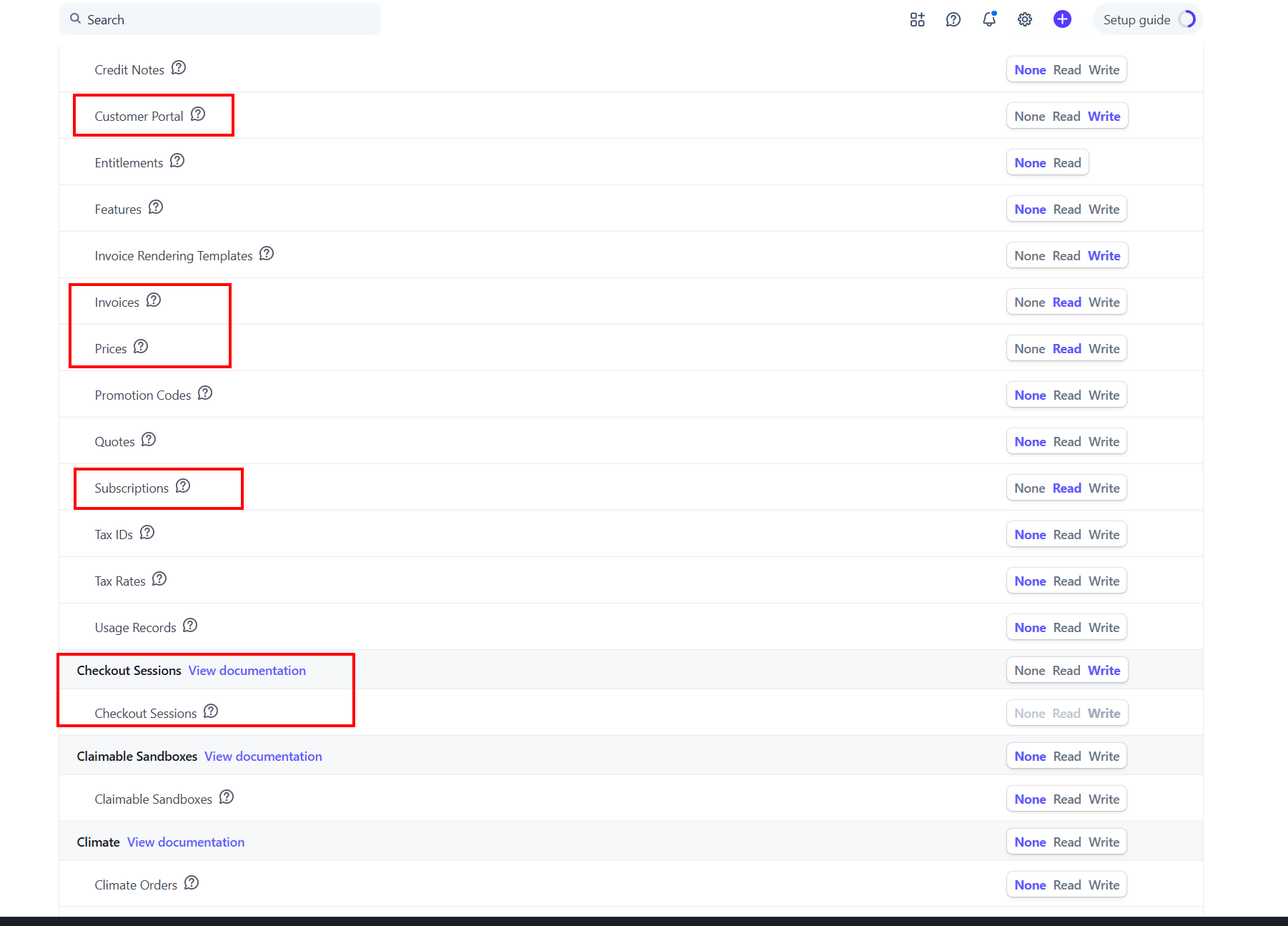 Stripe permissions list with Customer Portal Write, Invoices Read, Prices Read, Subscriptions Read, Checkout Sessions Write