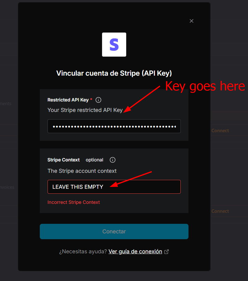 BestChatBot Stripe connection popup showing the Restricted API Key field and an empty Stripe Context field