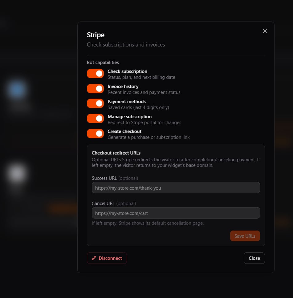 Connected Stripe panel showing bot capability toggles and checkout redirect URL fields