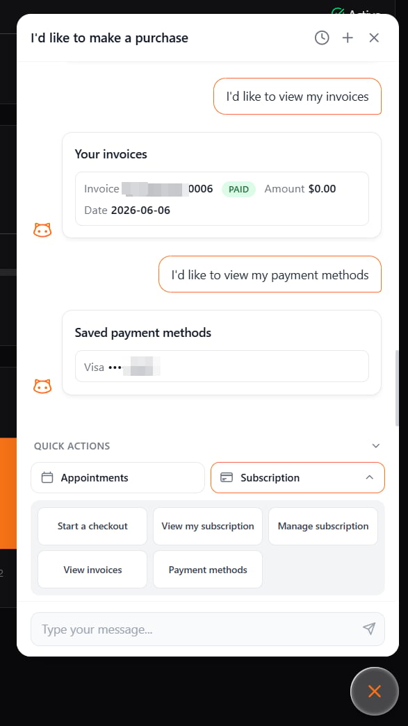 Live widget showing invoices, saved payment methods, and subscription quick actions