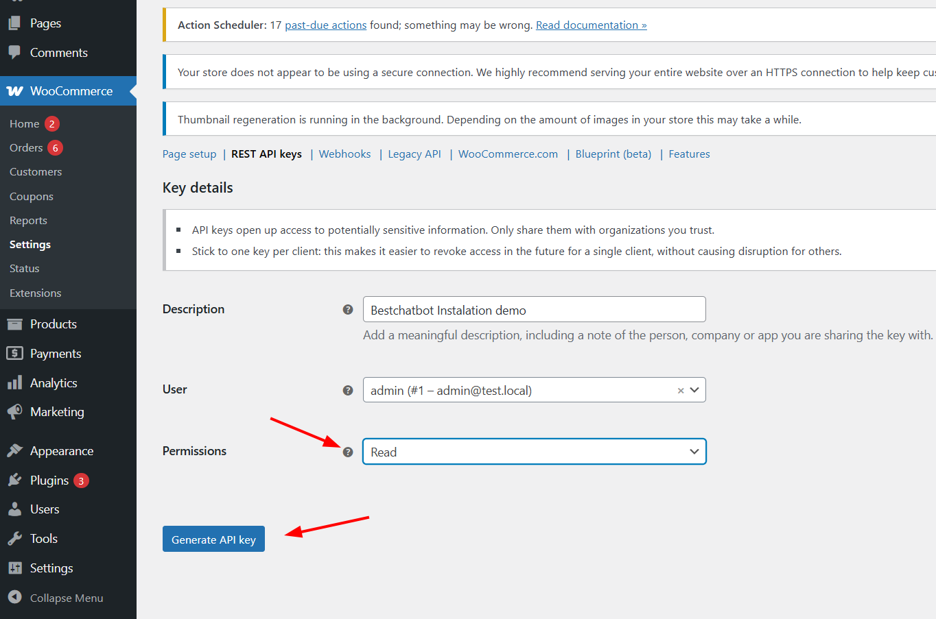WooCommerce create API key form with Description, User, and Permissions set to Read