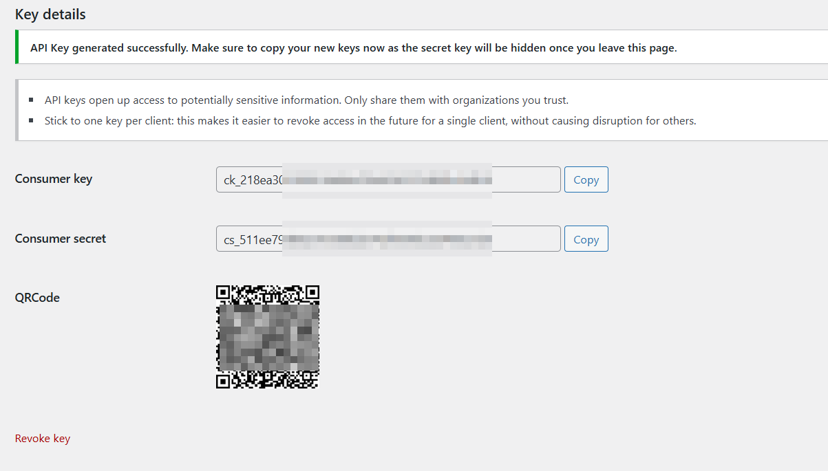 Generated WooCommerce Consumer key and Consumer secret