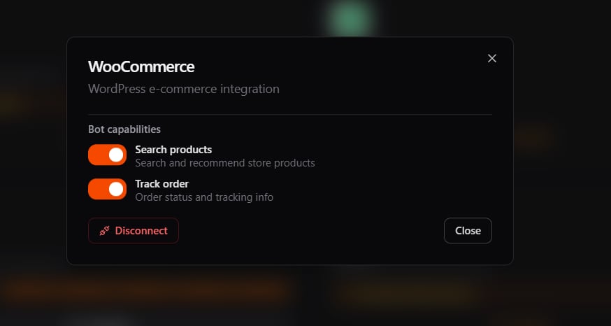 Connected WooCommerce panel with Search products and Track order capability toggles
