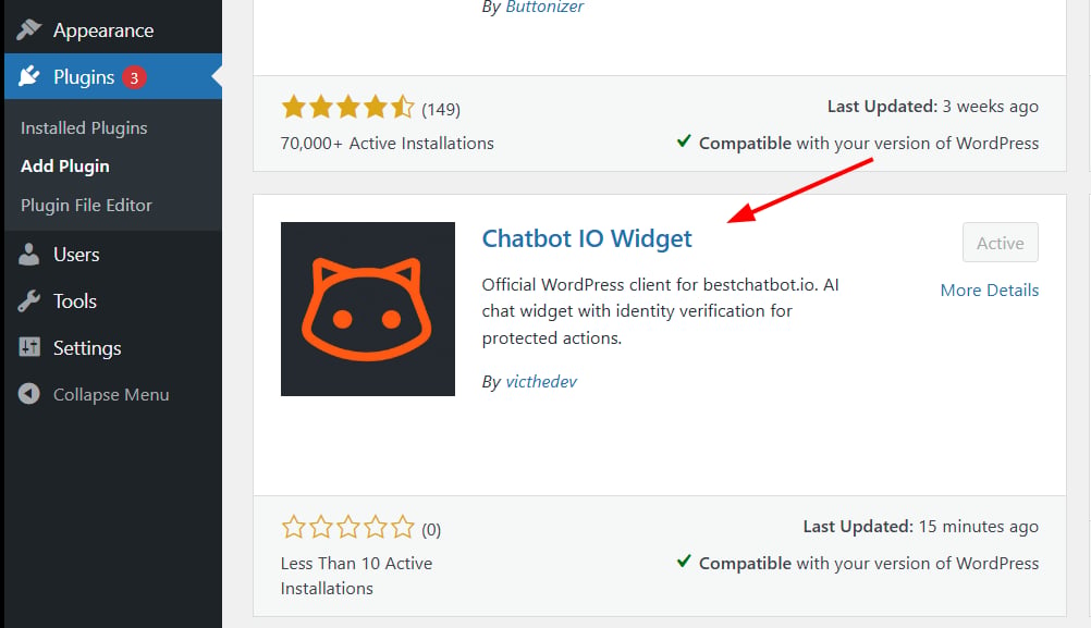 Chatbot IO Widget plugin installed and active in WordPress admin