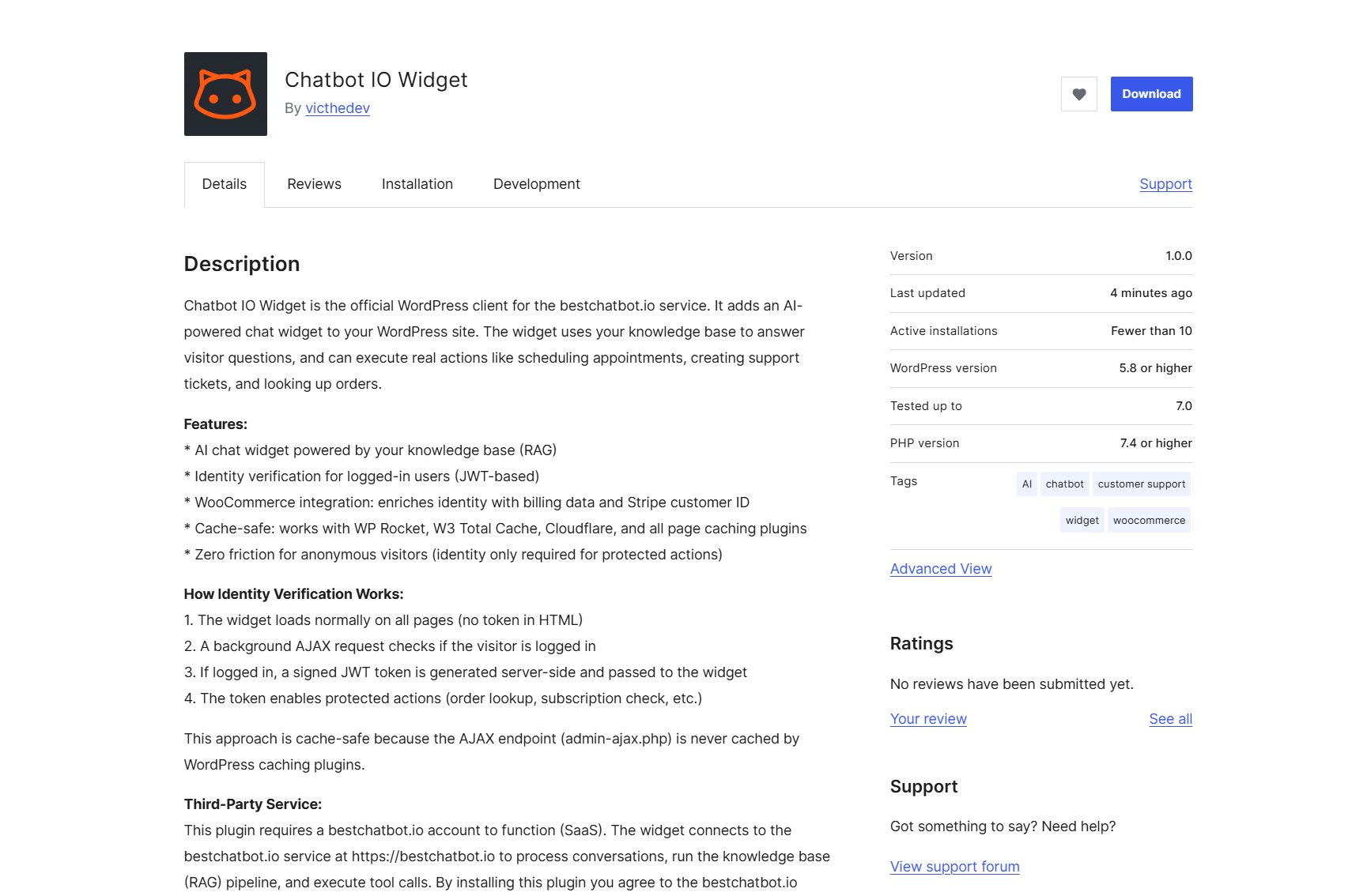 Chatbot IO Widget plugin page on WordPress.org