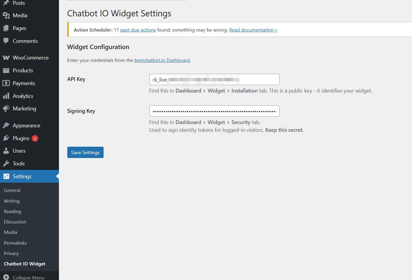 Chatbot IO Widget settings in WordPress with API Key and Signing Key fields
