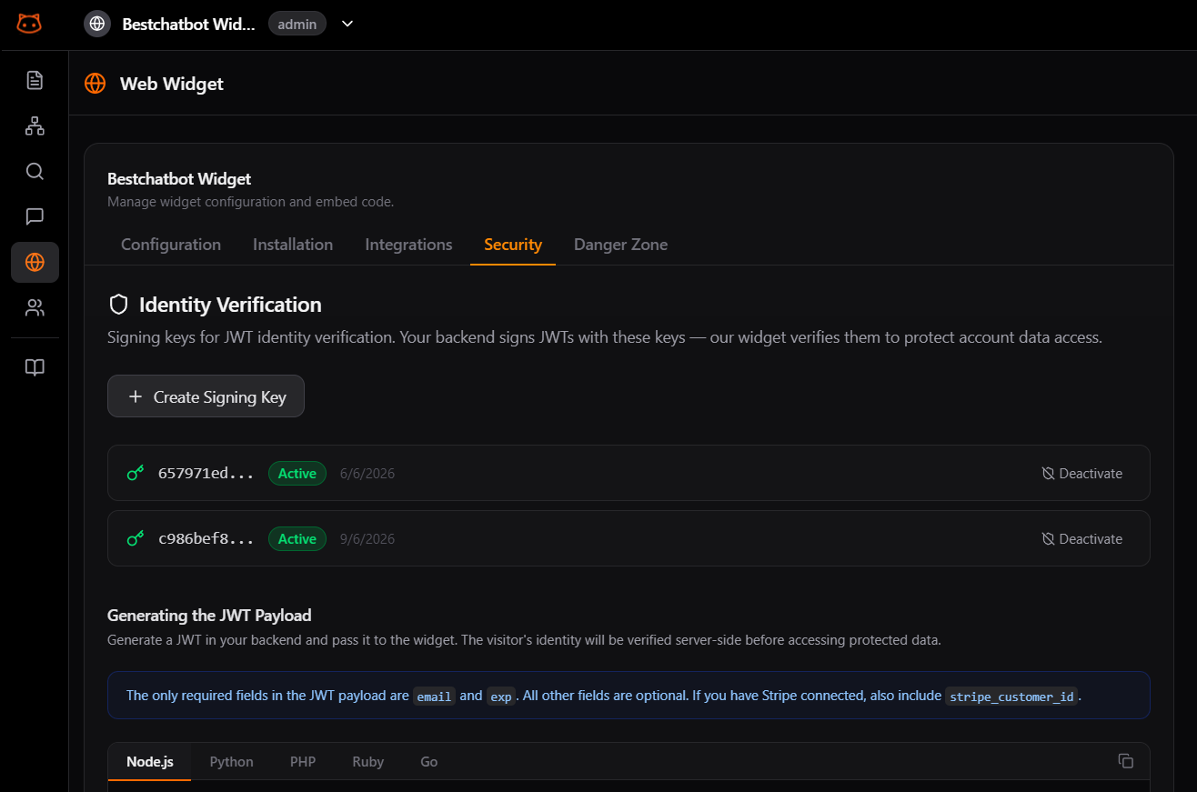 BestChatBot Security tab showing Create Signing Key and the JWT payload requirements