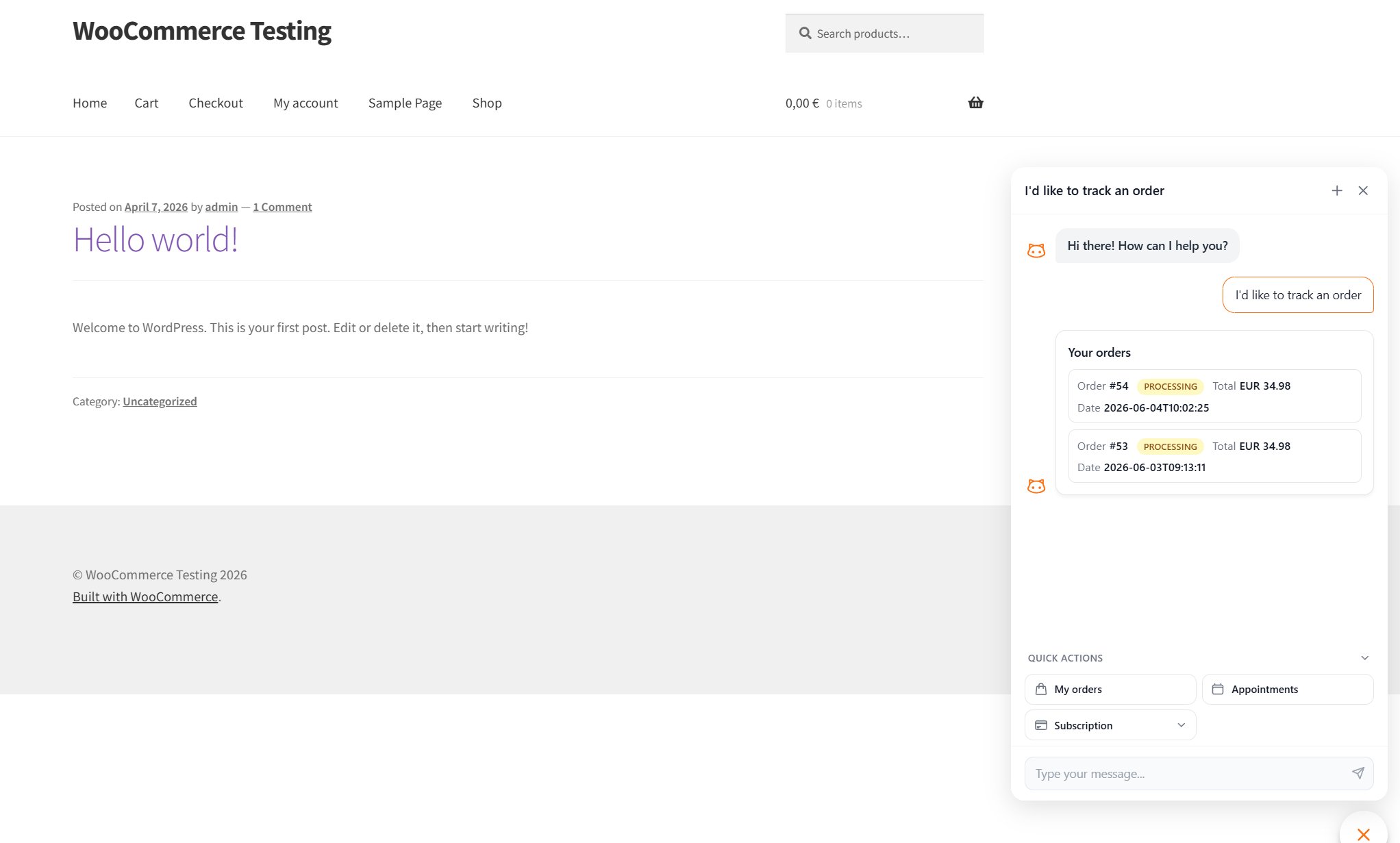 Widget live on a WooCommerce store showing a logged-in customer's orders