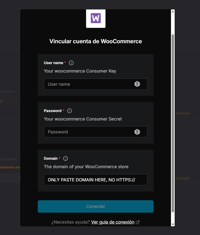 BestChatBot WooCommerce connection popup with User name, Password, and Domain fields