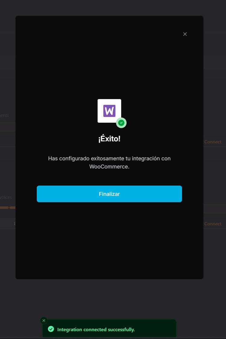 WooCommerce integration connected successfully confirmation