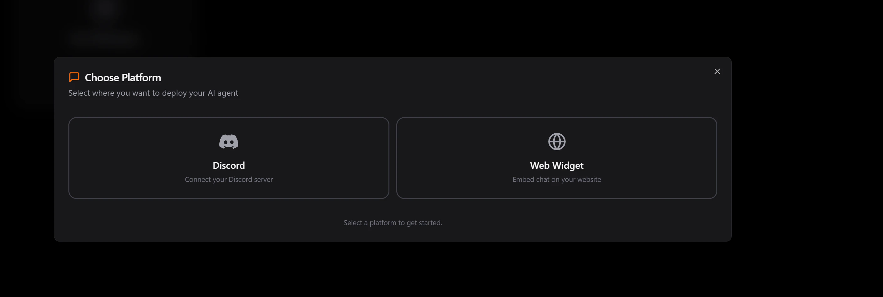 Choose Platform dialog showing Discord and Web Widget options