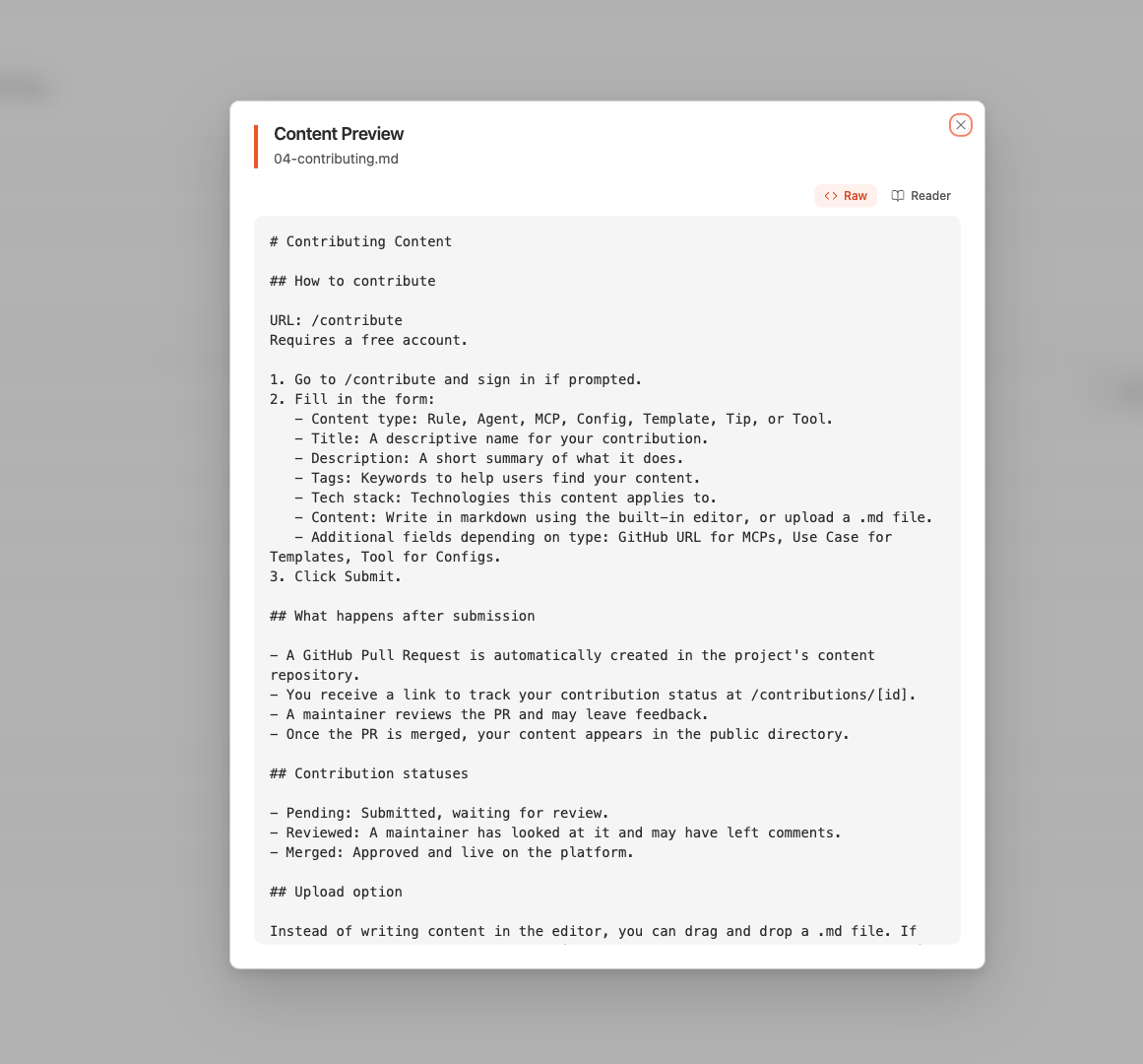 Content Preview modal showing the raw markdown of an uploaded document