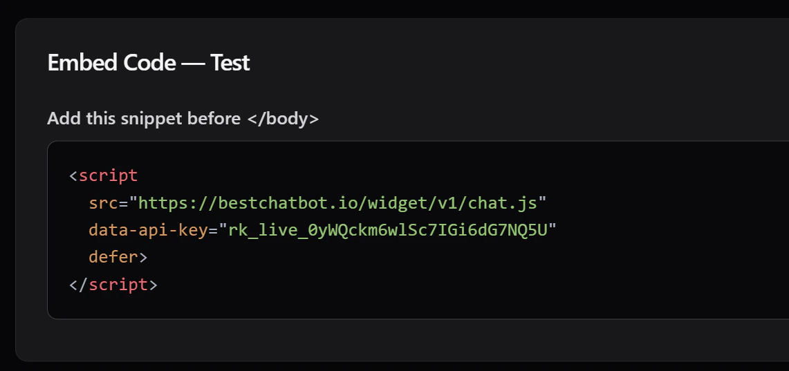 Installation tab showing the embed code with a copy button