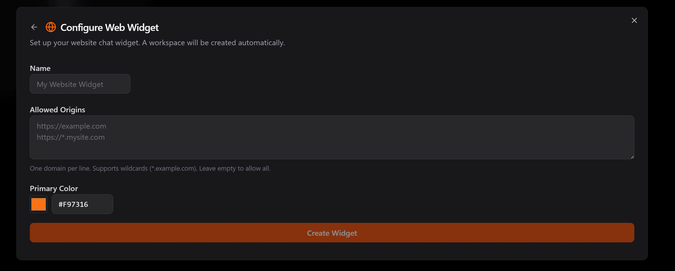 Configure Web Widget form with Name, Allowed Origins, and Primary Color fields