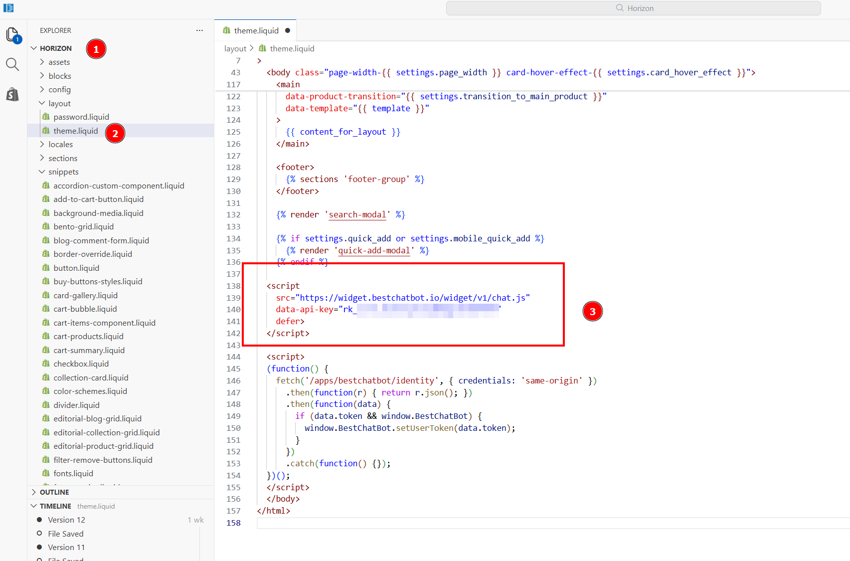 theme.liquid in the Shopify code editor with the BestChatBot widget script before the closing body tag